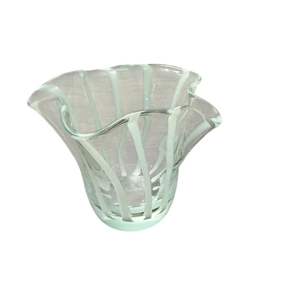 Set of 3 Art Glass Folded Handkerchief Ruffled Vases Clear White Smooth‎ Base